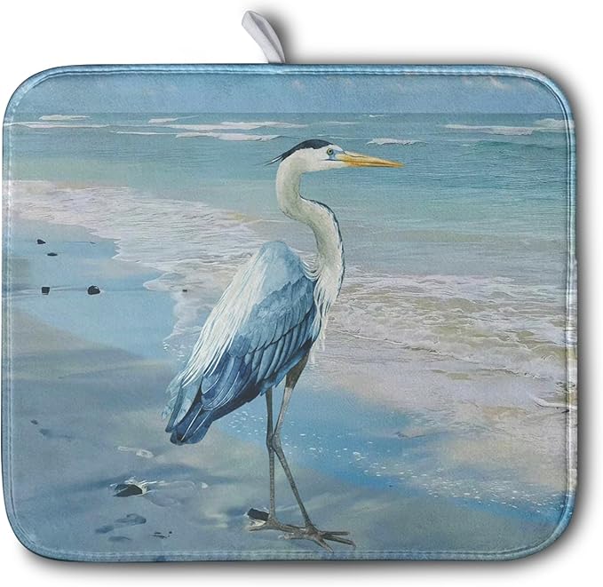 Summer Blue Dish Drying Mat for Kitchen Counter 16x18 Inch Heron Coastal Beach Drying Mats Nautical Ocean Bird Dishes Drainer Mats Microfiber Absorbent Dish Rack Pad by Kwlegh