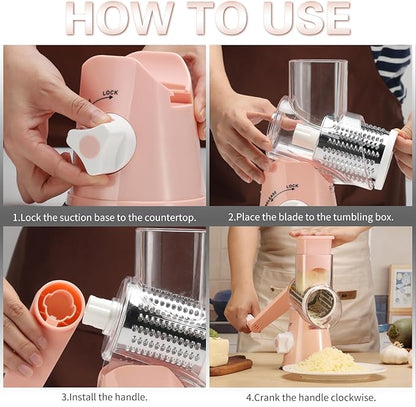 Cambom Rotary Cheese Grater Hand Crank Cheese Shredder for Fresh Cheese, Vegetable, Nuts,Non-slip Suction Base, Free Cleaning Brush Three Blades, Pink - Image 7