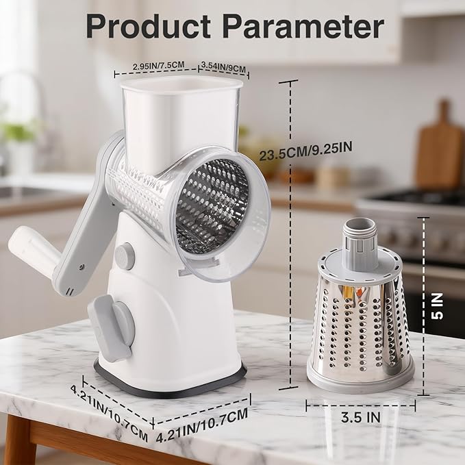 Rotary Cheese Grater Hand Crank, Kitchen Mandolin Vegetable Cheese Shredder with 3 Interchangeable Blades,Easy Clean Rotary Grater with Handle,Kitchen Grater Grinder for Cutting Cheese,Vegetable Nuts - Image 2