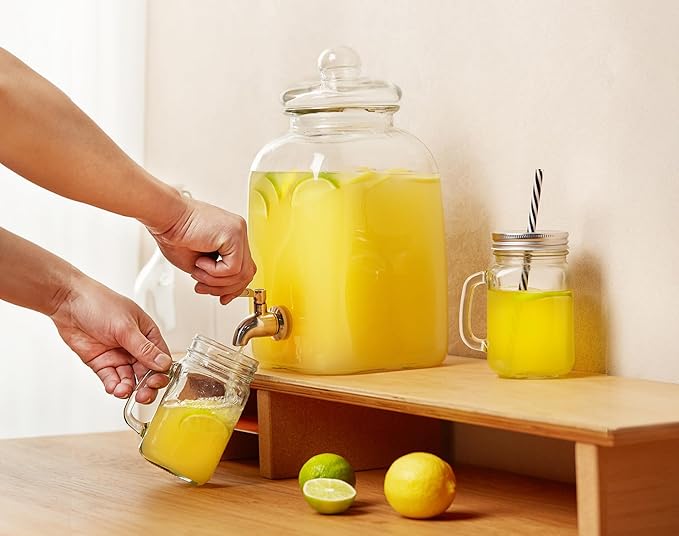 Kook Glass Drink Dispenser, with Leak-Proof Stainless Steel Spigot and Customizable Label Tag, Clear Mason Jar, Beverage Storage for Fridge, for Water, Iced Tea, Sangria, Lemonade, 1.25 Gallon
