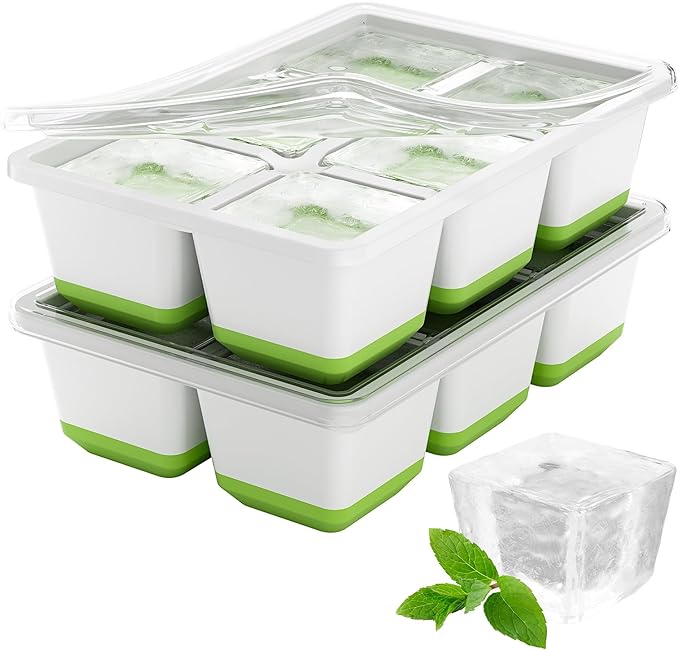 Optish Large Ice Cube Molds, 2 Pack Whiskey Square Ice Molds, 1.8 Inch Big Ice Cube Tray, Stackable Cocktail Ice Tray with Lid, Easy to Release (Green) by Optish