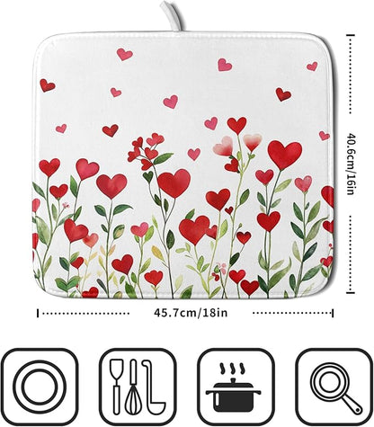 Valentines Day Dish Drying Mat for Kitchen Counter 18x16 Inch Green Red Heart Drying Mat with Absorbent Reversible Microfiber Holiday Love Dish Drainer Mats Rack Pad for Coffee Countertop Protector