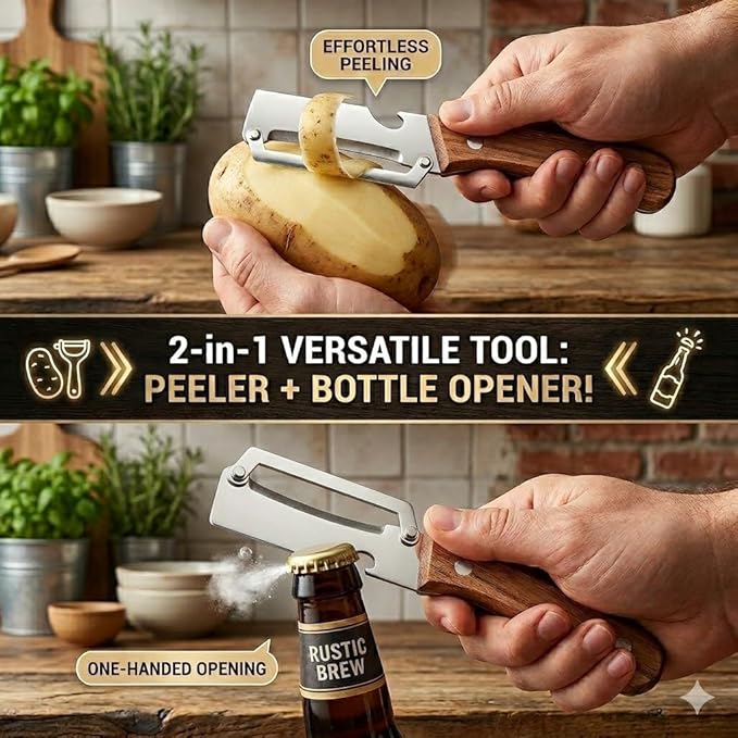 Multi Functional Vegetable Peeler with Bottle Opener and Wooden Handle Stainless Steel Blade Kitchen Tool for Sugar Cane Potato Fruit Pineapple Pumpkin Papaya Carrot Veggie Peeler - 2pc - Image 4