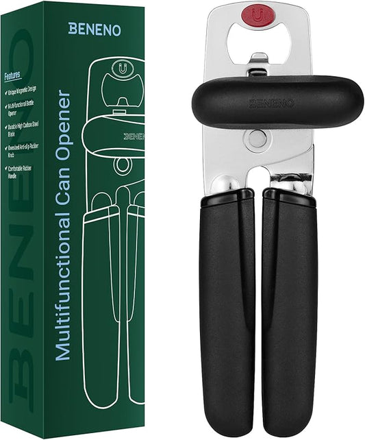 Beneno Can Opener, Heavy Duty Manual Can Opener with Magnet Lid Lifter & Bottle Opener, Hand Can Opener Manual with Ergonomic Soft Grip, Easy Turn Knob for Arthritis & Weak Hands, Easy to Use, Black