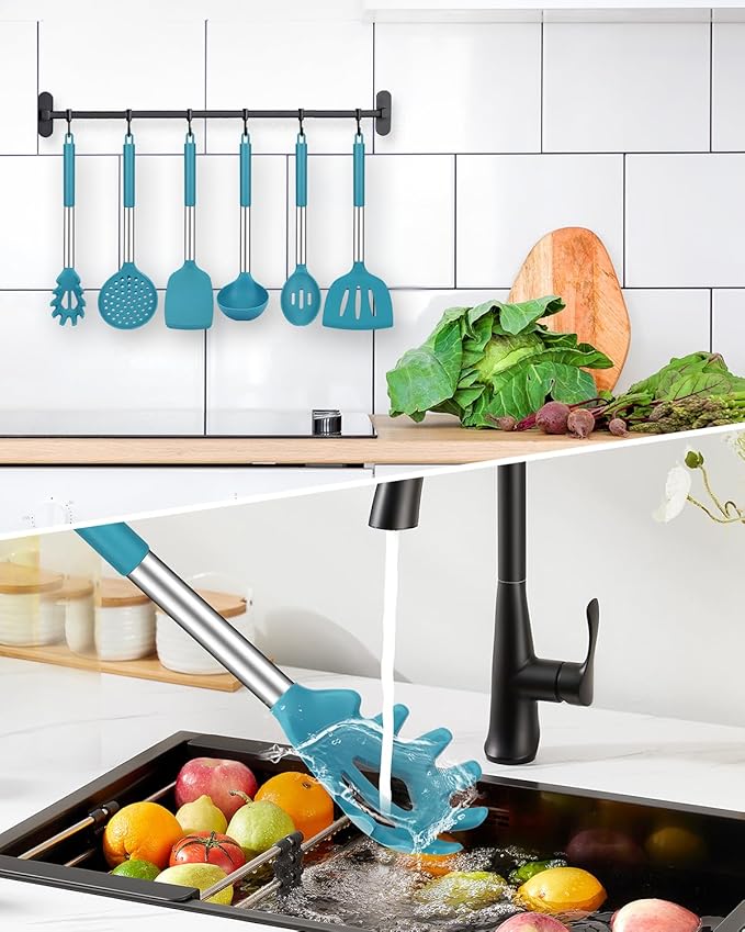 Silicone Cooking Utensil Set, 8Pcs Non-stick Cookware with Stainless Steel Handle, BPA Free Heat Resistant Kitchen Tools with Spatulas, Turners, Spoons, Skimmer and Pasta Fork - Image 5