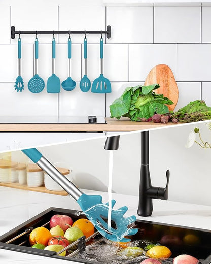 Silicone Cooking Utensil Set, 8Pcs Non-stick Cookware with Stainless Steel Handle, BPA Free Heat Resistant Kitchen Tools with Spatulas, Turners, Spoons, Skimmer and Pasta Fork - Image 5