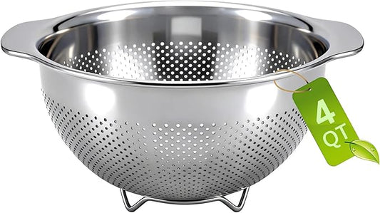 18/8 Stainless Steel Colander for Kitchen - Fine Mesh Strainer with Handle - Rice Strainer Fine Mesh for Vegetables, Fruits, Eggs, Noodles and Pasta, Collander, Dishwasher Safe (4QT)