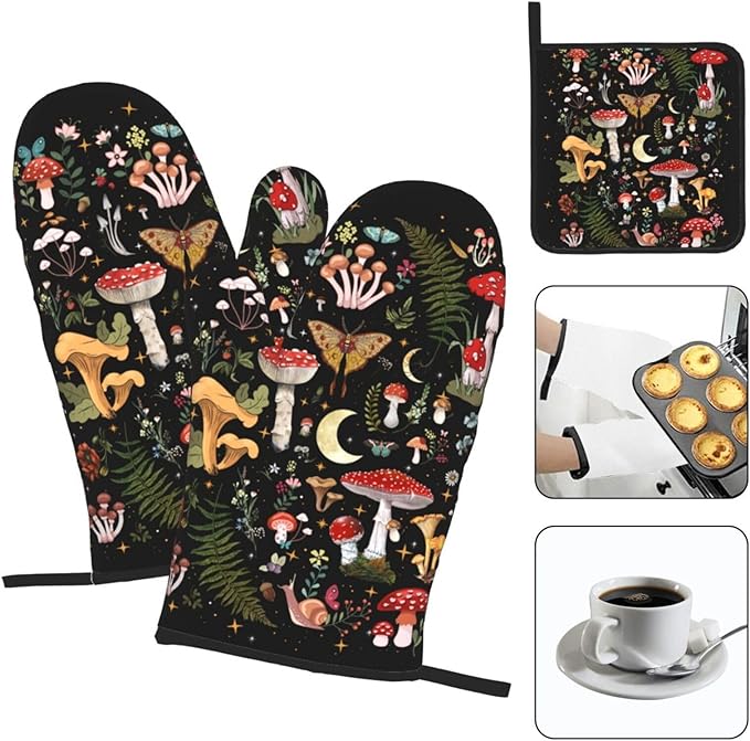 Mushroom Oven Mitts and Pot Holders Sets, Heat Resistant Black Hot Pads Witchy Oven Gloves for Cooking Grilling Baking Kitchen Decor Aesthetic, Witchy Gifts for Women,Mushroom Gifts for Women - Image 3