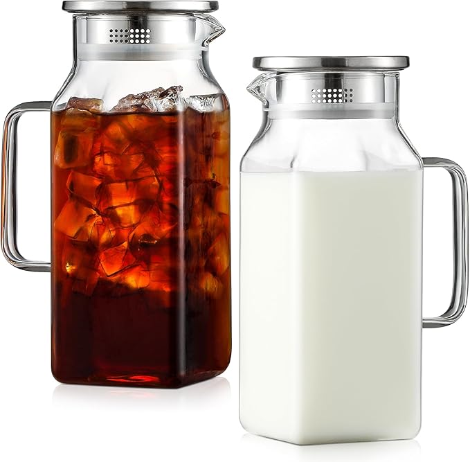 Netany 2 Pack 1.2 Liters/40 oz Small Square Glass Pitcher with Lid and Handle for Fridge, Iced Tea and Coffee Carafe Storage Container, Resistant to Hot and Cold Borosilicate Jug by NETANY