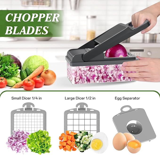 HomeHacks Vegetable Chopper Vegetable Cutter, 12 in 1 Kitchen Gadget, Dicer, Slicer, Onion Cutter, Salad, Cheese Grater & Egg Separator - Multi-Functional Veggie Chopper Lid with Handle (Grey) - Image 2