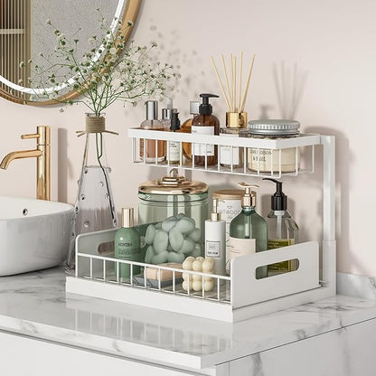 REALINN Under Sink Organizer, Pull Out Cabinet Organizer 2 Tier Slide Out Sink Shelf Cabinet Storage Shelves, Under Sink Storage for Kitchen Bathroom Cabinet, White, 1 Pack - Image 3