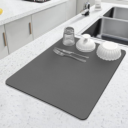 LOPNUR Kitchen Dish Drying Mat, 18"x16" Small Dish Drying Mats for Kitchen Counter, Diatomite Coffee Mat, Super Absorbent Dish Drying Pad, Heat Resistant Mat with Anti-slip Rubber Backed, Grey by LOPNUR
