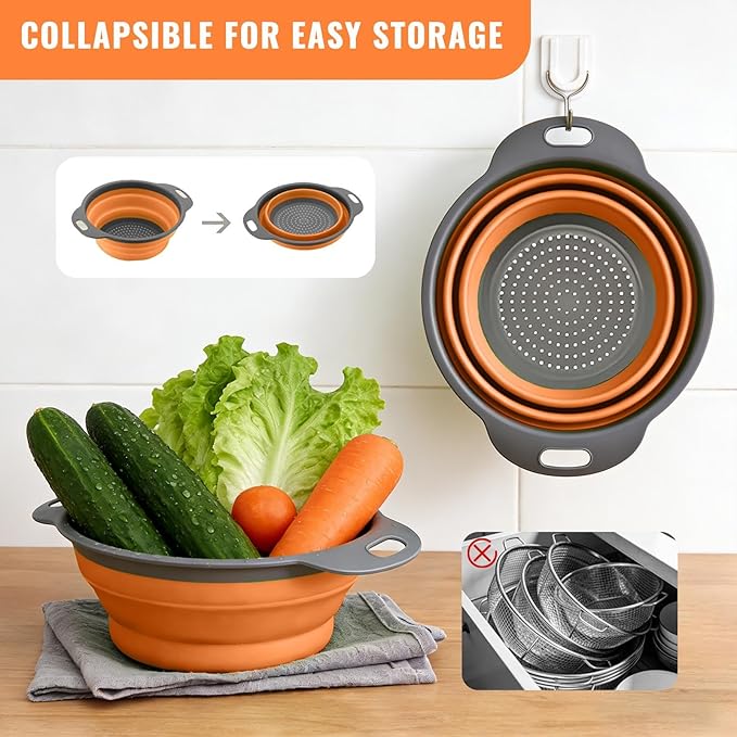 2 Pack Collapsible Silicone Colander with Handle, Over Sink Foldable Food Strainer, BPA-Free Space Saving Drain Basket for Vegetables, Fruits, Pasta, Kitchen & Camping (Orange) - Image 3