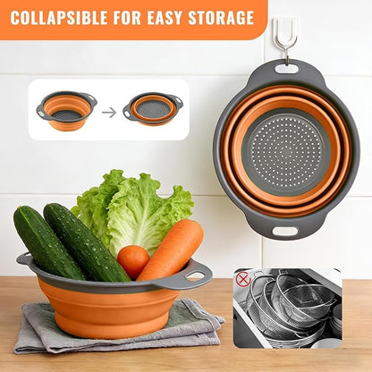 2 Pack Collapsible Silicone Colander with Handle, Over Sink Foldable Food Strainer, BPA-Free Space Saving Drain Basket for Vegetables, Fruits, Pasta, Kitchen & Camping (Orange) - Image 3