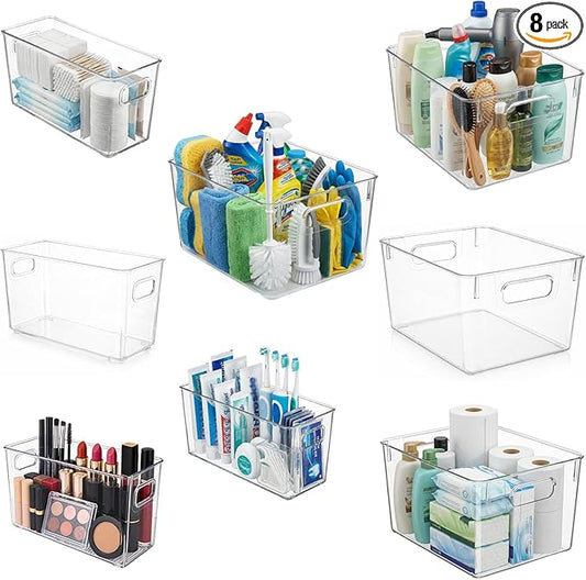 MOONEDGE 8 Pack Modular Clear Plastic Storage Organizer Bins – 4 Large & 4 Narrow, Nestable Space-Saving System for Pantry, Kitchen, Fridge, Bathroom & Cabinet Organization - Versatile & Easy to Use