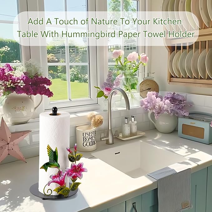 Flower & Hummingbird Decor Paper Towel Roll Holder Countertop - Farmhouse Kitchen Decor and Accessories, Hummingbird Housewarming Gifts for Women Mom Grandma, 3D Handmade Pattern, Weighted Base - Image 3