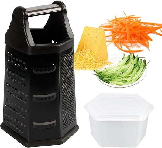 Box Grater, Cheese Grater Shredder Stainless Steel with 6 Sides, Best for Parmesan Cheese, Vegetables, Potatoes, Carrot, Ginger, Mandoline Vegetable Slicer with Detachable Container, Black