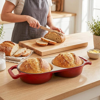 Double Dutch Oven Pot with Lid, Enameled Cast Iron Bread Loaf Pan, Dutch Oven For Sourdough Bread Baking, 500°F Oven Safe Non Stick Dual Round Bread Pan, 16.5cm Diameter Loaf Pans, Red