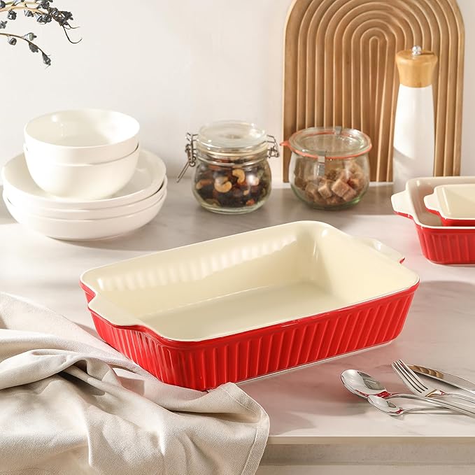 DOWAN Casserole Dishes for Oven, Set of 3 Rectangular Ceramic Baking Dishes, 135 oz Capacity, Red (15.6''/12.2''/8.9'') - Image 7