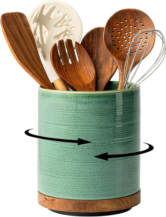 Utensil Holder, 360° Rotating Extra Large Ceramic Kitchen Utensil Holder for Countertop, 7.3“ Cooking Utensil Crocks for Kitchen Counter with Rotatable Wooden Base, Farmhouse Decor, Forest Green by MIKIGEY