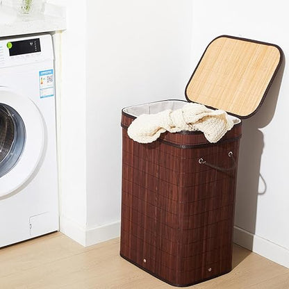 2 Pack 21 Gallon Bamboo Slim Trash Can with Lid Large Foldable Slim Rectangular Garbage Can Bamboo Waste Basket for Bathroom Bedroom Office Home Salon Spa (Brown)