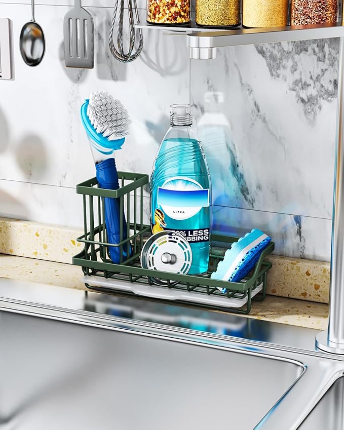 Consumest Sponge Holder for Kitchen Sink - Kitchen Sink Caddy Organizer with Removable Drip Tray for Countertop Dish Soap Dispenser Brush Storage Accessories 304 Stainless Steel, Green - Image 3