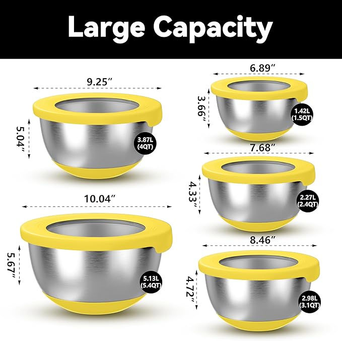 KITEISCAT Stainless Steel Mixing Bowls with Lids – Set of 5 Large Nesting Metal Bowls for Kitchen, Baking, Cooking, Food Prep & Storage, Non-Slip Base, Dishwasher Safe,Yellow - Image 2