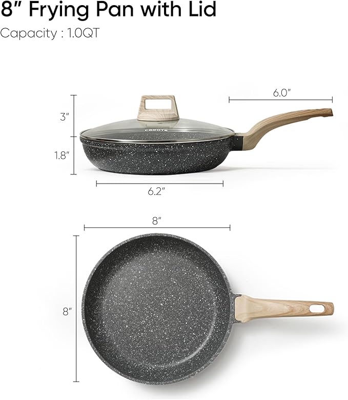 CAROTE Non Stick Frying Pan Skillet, 8" Nonstick Fry Pan with Glass Lid, Egg Pan Omelet Pans, Granite Cookware, PFOA Free (Classic Granite, 8-Inch) - Image 2