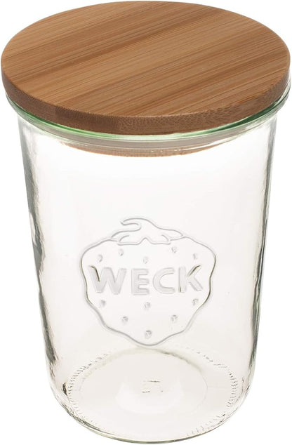 WECK Canning Jars 743-25.3 fl. oz Mold Jars - Eco-Friendly Canning Jar - Storage for Food, Yogurt with Air Tight Seal and Lid - 3/4 Liter Tall Jars Set - Set of (2 Jars with Wooden Lids)