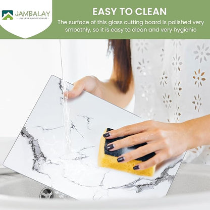 JAMBALAY Tempered Glass Cutting Boards for Kitchen, White 12"x8" & 16"x12" Glass Cutting Board Set with Marble Design, With Non Slip Foot, Shatter and Heat Resistant, Dishwasher Safe