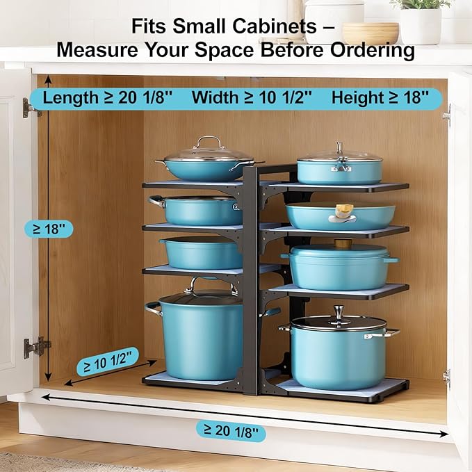 LAMU Pots and Pans Organizer under Cabinet, 8-Tier Heavy Duty Pan Organizers inside Cabinet, Adjustable Pot Rack for Small Kitchen Storage, 15" Height Holds Cast Iron Pans and Skillets Black - Image 3