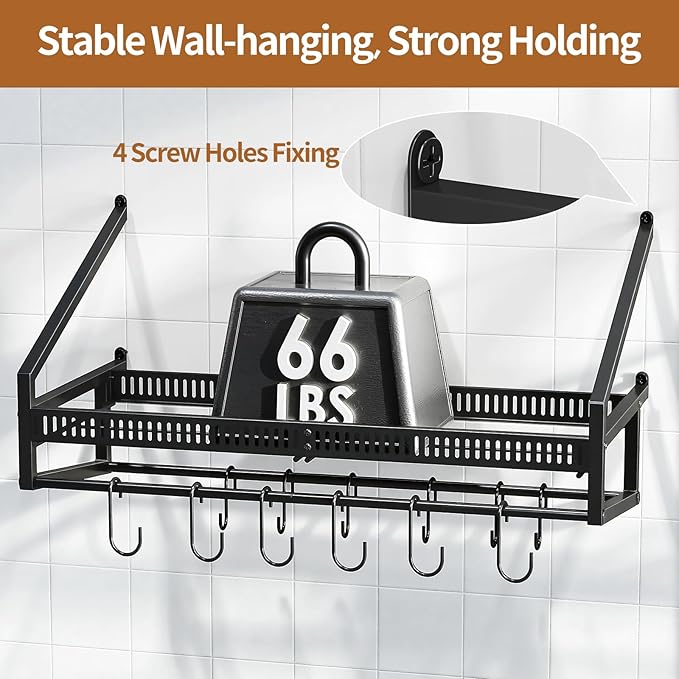 Housolution Pan Rack Wall Mounted, 24.8" Vertical Lid Organizer with 14 Adjustable Dividers, Heavy Duty Hanging Cookware Holder Hanger with 6 S-Hooks & 6 Vertical Hooks - Image 5