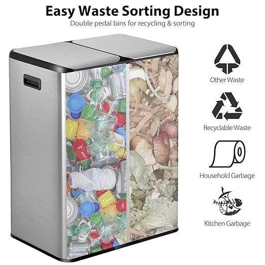 SUPER DEAL Kitchen Trash Can 16 Gallon 60L Dual Stainless Steel Garbage and Recycling Can with Foot Pedal for Kitchen, Living Room, Office, Removable Inner Buckets Soft Close Lid Odor Proof, Silver