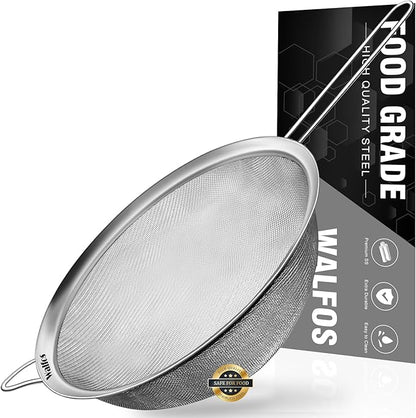 Walfos 8.6 Inch Large Fine Mesh Strainer, Kitchen Metal Food Strainers with Sturdy Handle, Stainless Steel 30 Mesh Sieve Sifters for Rice, Quinoa, Pasta, Fruits, Vegetables, etc. by Walfos