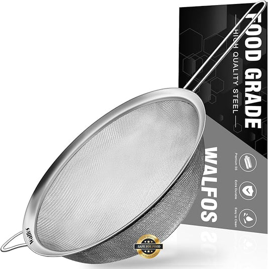Walfos 8.6 Inch Large Fine Mesh Strainer, Kitchen Metal Food Strainers with Sturdy Handle, Stainless Steel 30 Mesh Sieve Sifters for Rice, Quinoa, Pasta, Fruits, Vegetables, etc. by Walfos