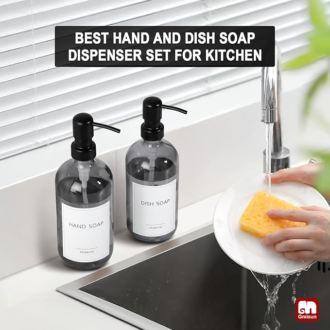 GMISUN Black Soap Dispenser, 2 Pack Hand Soap Dispensers for Bathroom, 17 Fl Oz Dish Soap Dispenser for Kitchen with Stainless Steel Pump, Modern Liquid Soap Bottle Set - Image 6
