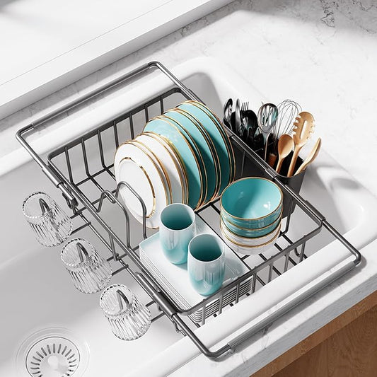 Sakugi Dish Drying Rack in Sink - Expandable Stainless Steel Dish Rack Over the Sink, Kitchen Sink Drain Strainer with Cutlery Holder & Cup Holders, 15.4 x 9.8 x 3.0 Inch, Grey by Sakugi