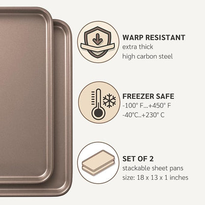 HAPPIELS Nonstick Baking Sheet Set of 2 | PFOA & BPA Free Non Toxic Carbon Steel Cookie Sheets | Best Non Stick Oven Cooking Pans & Half Sheet Pan | Best Nontoxic Baking Trays 18 Inch