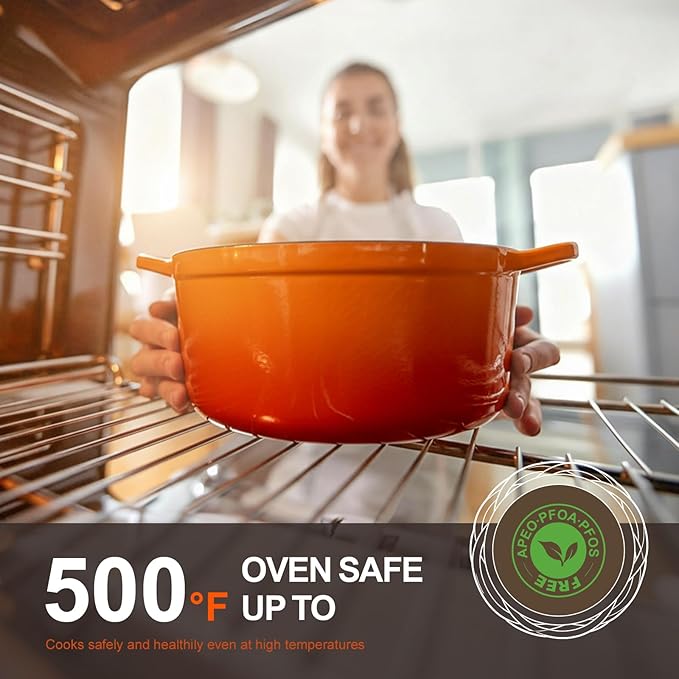 Overmont Enameled Cast Iron Dutch Oven - 5.5QT Pot with Wide Handles Lid Cookbook & Cotton Potholders - Heavy-Duty Pre-Seasoned Cookware Oven Safe to 500°F for Braising, Stews, Roasting, Sourdough Baking - Image 4