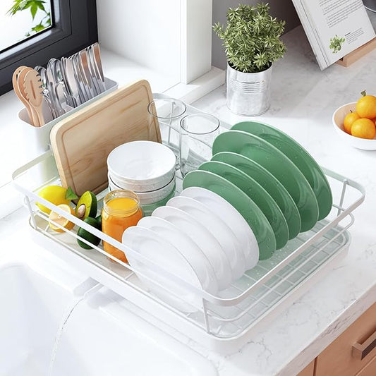 Kitsure Dish Drying Rack for Kitchen Counter, Stainless Steel Sink Organization and Storage Essentials with Cutlery Holder, Home and Appartment Decor, 12''W x 15.5''L, White by Kitsure
