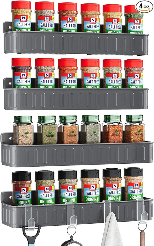 Nieifi Spice Rack Wall Mount, Spice Organizer for Spice Jars, Screw or Adhesive Hanging Organizer for Kitchen Cabinet or Pantry Door, 4 Pack, Grey, ABS Plastic by Nieifi