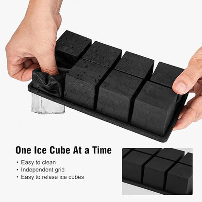 Samuelworld Large Silicone Ice Cube Tray Molds, 2-Pack, Big 2 Inch Cubes - Food Grade, Flexible, 8 Cavity Easy Release Slow Melting Ice for Whiskey, Cocktails, Gifts & Christmas - Black