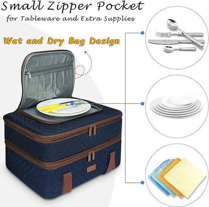 Quilted Insulated Double Casserole Carrier - Thermal Lunch Tote for Potluck Parties, Picnic, Beach, Fits 9 x 17 Inches Baking Dish, Casserole Dish, Expandable (Blue)