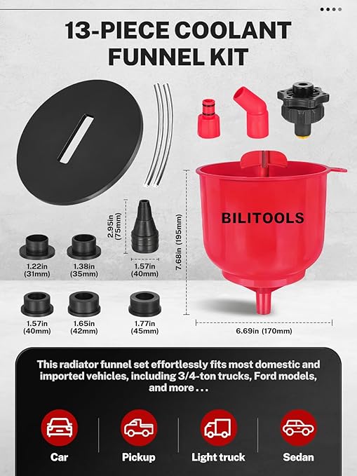 BILITOOLS Universal Coolant Funnel Kit - 13PCS No-Spill Radiator Flush & Burping Funnel Kit with 6 Adapters, Leak-Proof & Air Bleeding Radiator Fill Funnel, Thickened Set for Most Cars