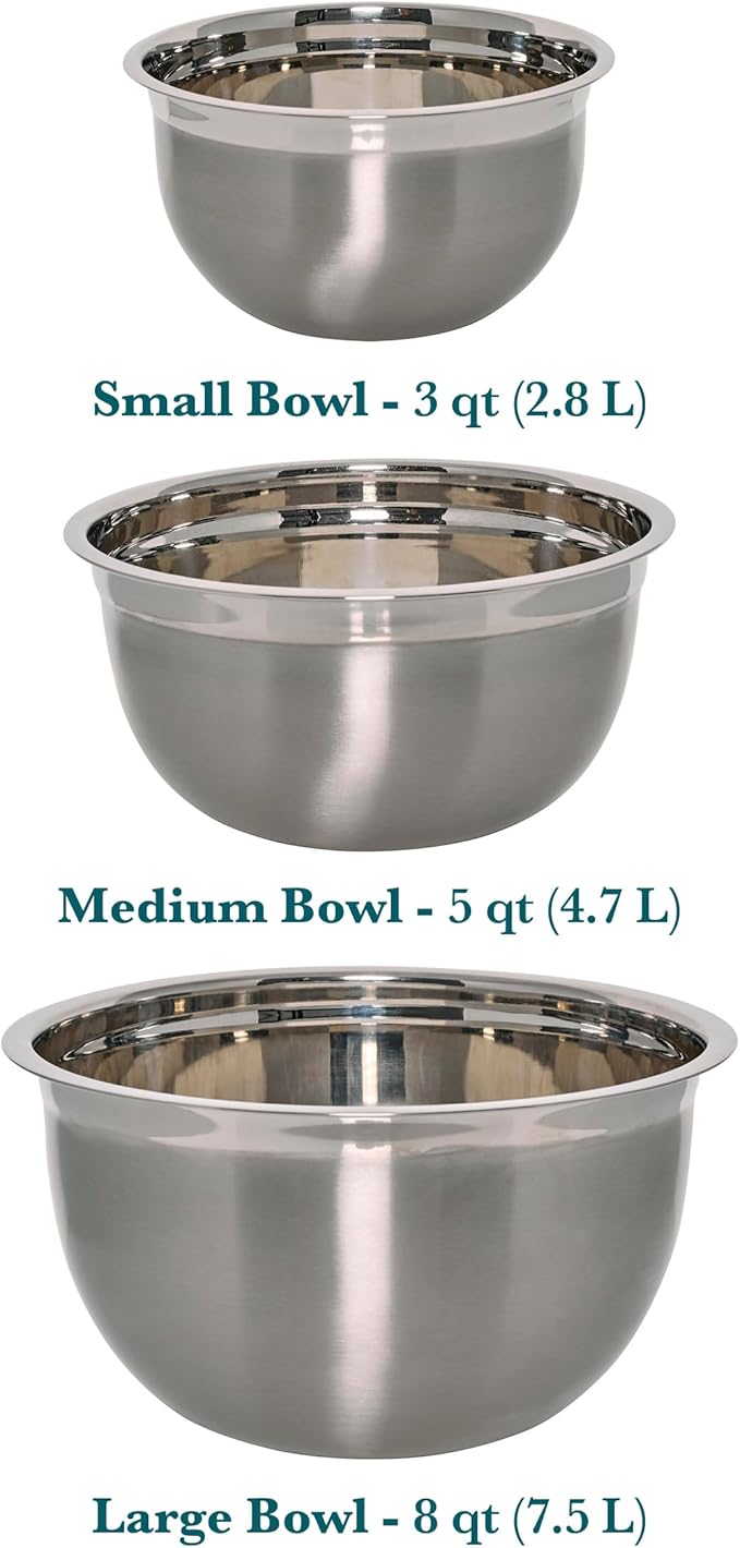 Chicago Metallic Stainless Steel Bowls, Versatile Nesting Mixing Bowls for Every Kitchen Task, Set of 3 - Image 2