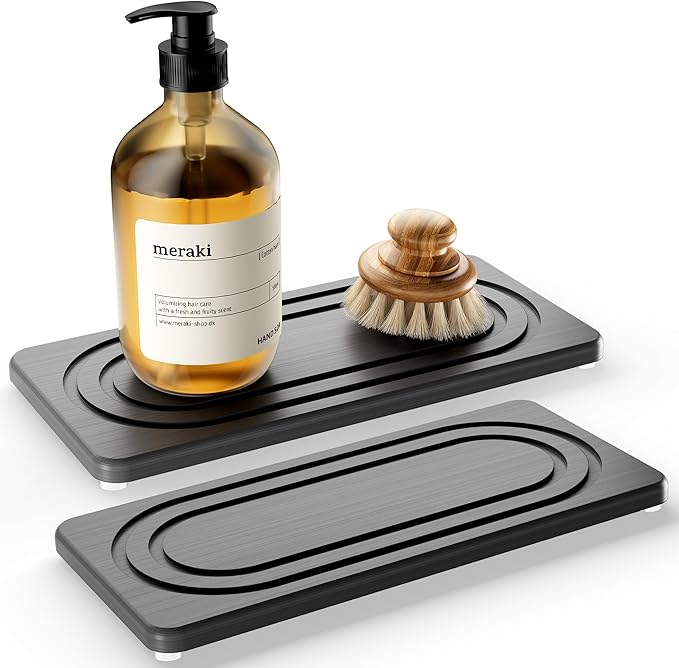 Water Absorbing Stone Tray for Sink, Quick Drying Diatomite Bathroom Tray Countertop, Stone Drying Mat for Kitchen Counter Faucet, Soap Dish Dispenser Vanity Organizer, Dark Grey-B-8.3" x 4" by MAGKOTA