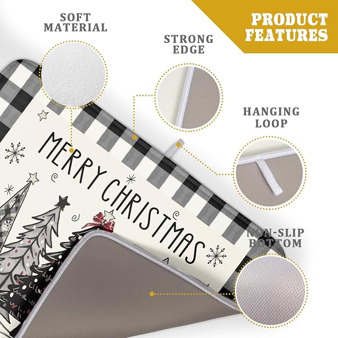 Merry Christmas Tree Dish Drying Mat for Kitchen Counter 18x24 Inch Black Red Grey Xmas Plaid Print Absorbent Reversible Microfiber Drying Mats Kitchen Countertop Protector Dishes Drainer Rack Pad - Image 4