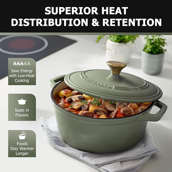 MUELLER HOME 4.5 Quart Enameled Cast Iron Dutch Oven For Sourdough Bread Baking, Heavy-Duty, Oven-Safe up to 500° F & Across All Cooktops, Casserole Dishes, Green Kitchen Accessories, Thyme Green - Image 2