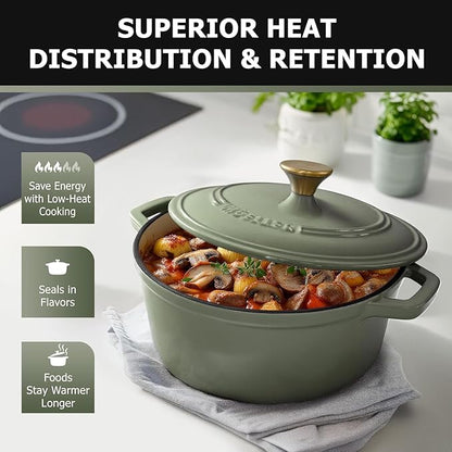 MUELLER HOME 7.5 Quart Enameled Cast Iron Dutch Oven For Sourdough Bread Baking, Heavy-Duty, Oven-Safe up to 500° F & Across All Cooktops, Casserole Dishes, Green Kitchen Accessories, Thyme Green - Image 2