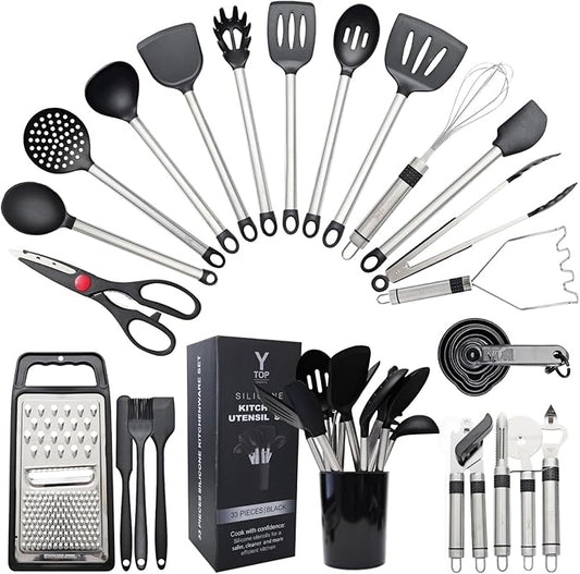 Silicone Kitchen Utensils Set 33 PCS Heat Resistant Food Grade Silicone Utensils Set for Cooking with Stainless Steel Handles BPA Free Kitchen Gadgets Tools Set with Holder Safe for Nonstick Cookware